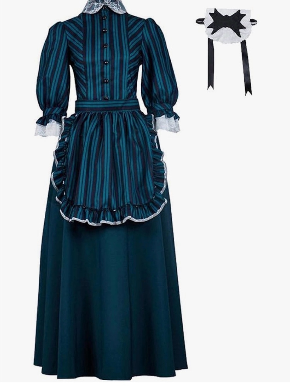 Small Ghost Host Haunted Mansion-Style Victorian Striped Maid Dress Teal & Black